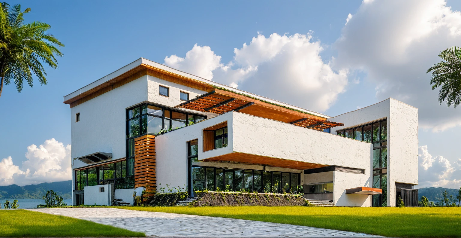 Masterpiece, high quality, best quality, authentic, super detail, outdoors, onestoreyvillaXL, aiaigroup, MODERN HOUSE STYLE GARDEN ,stairs, white wall ,road,pavement, grass, trees, sky, cloud,SURROUNDING THE HOUSE ARE TREES, WOODEN CEILINGS,SURROUNDED ARE RUBBER FORESTS,( FRONT IS THE LAKE)(daylight:1.1)