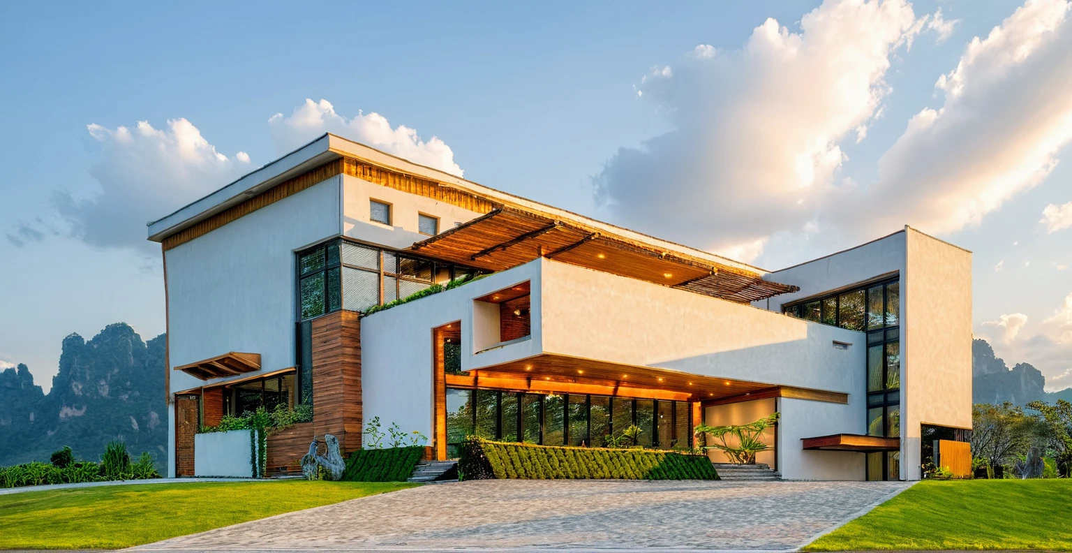 Masterpiece, high quality, best quality, authentic, super detail, outdoors, onestoreyvillaXL, aiaigroup, MODERN HOUSE STYLE GARDEN ,stairs, white wall ,road,pavement, grass, trees, sky, cloud,SURROUNDING THE HOUSE ARE TREES, WOODEN CEILINGS,SURROUNDED ARE RUBBER FORESTS,( FRONT IS THE LAKE)(daylight:1.1)
