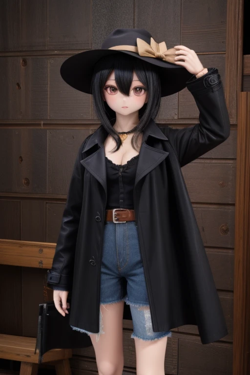 Black Hair、Black trench coat、Ball joints、Shotgun、Black Ten-Gallon Hat、Cowgirl、Tattered clothes,corridor,Wear a hat low over your eyes