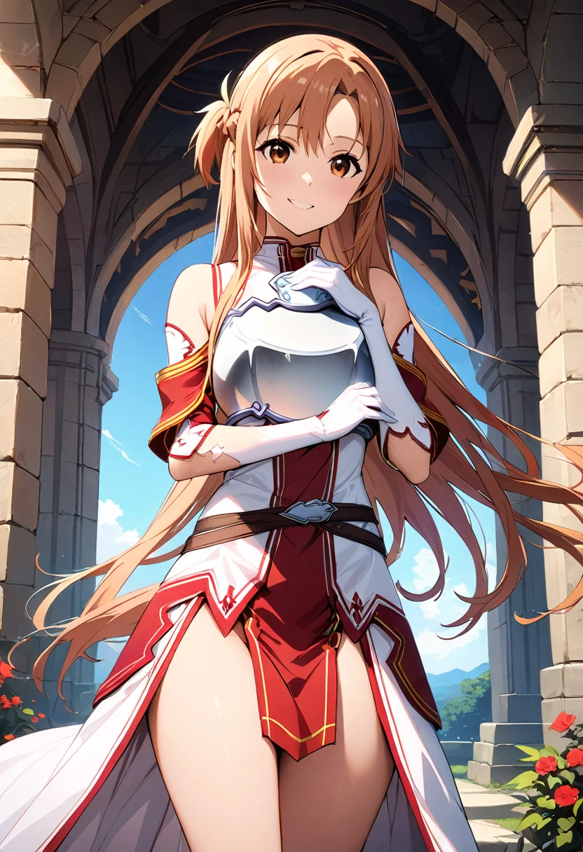 ((masterpiece)), Highest quality, Very detailed,(One Girl),Yuuki asuna、asuna(stay), brown eyes, bare shoulders, breastplate, armor, detached sleeves, gloves, white gloves, (red and white dress), Long Hair, smile, Beautiful background ,Completely naked, 