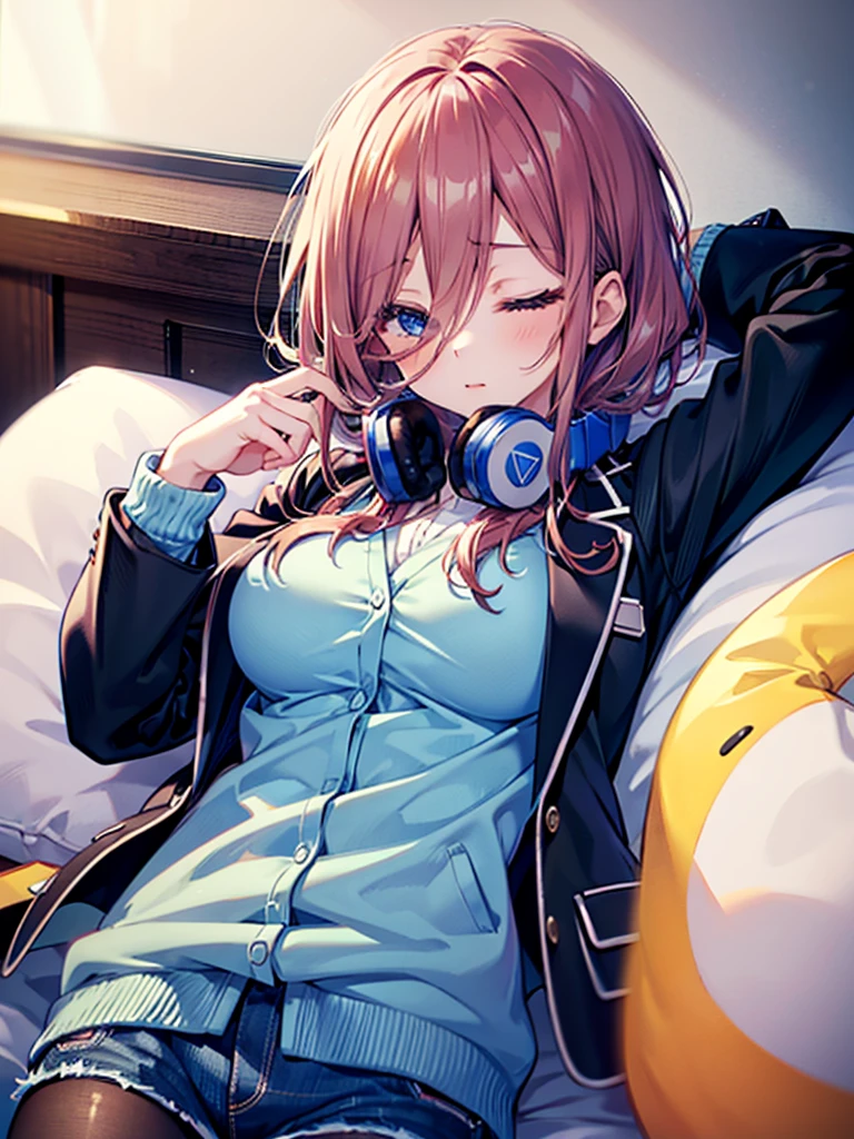 (8K, Highest quality, Highest quality, masterpiece), nm1, 1girl, headphones around neck, sleeping, school uniform, long sleeves, blue cardigan, denim short shorts, pantyhose, black jacket, open jacket, big breasts
