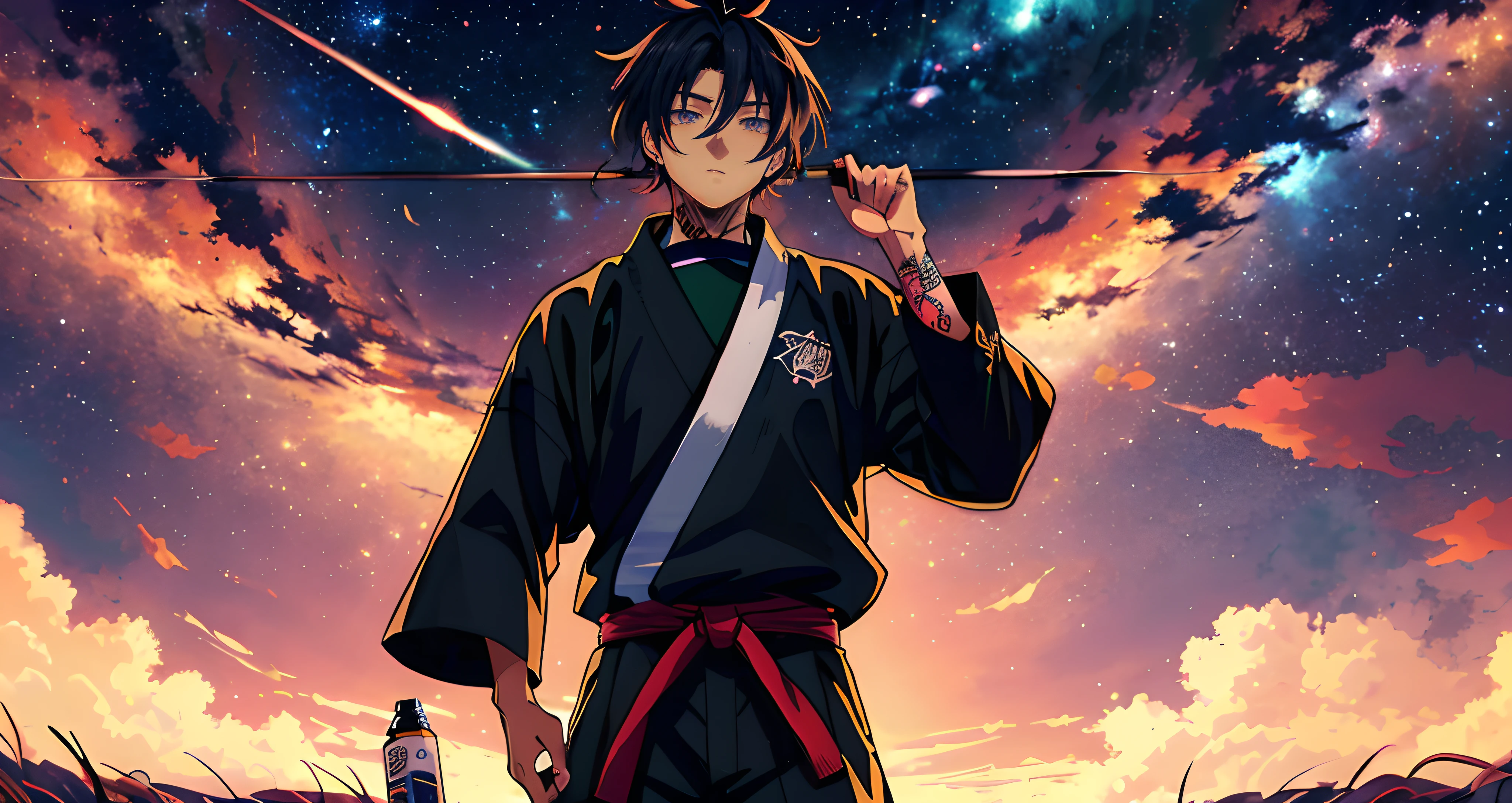 Anime character with a sword in hand standing on the field with stars in the background., Handsome young man in the art of defeating demons, anime badass 8 k, Anime Style 4K, manga wallpaper 4 k, Otaku Gangasta, แฟนอาร์ต Demon Slayer Rui, Inspired by Okumura Masanobu, anime wallpaper, anime wallpaper 4k, Anime Wallpapers 4k. kill demons.