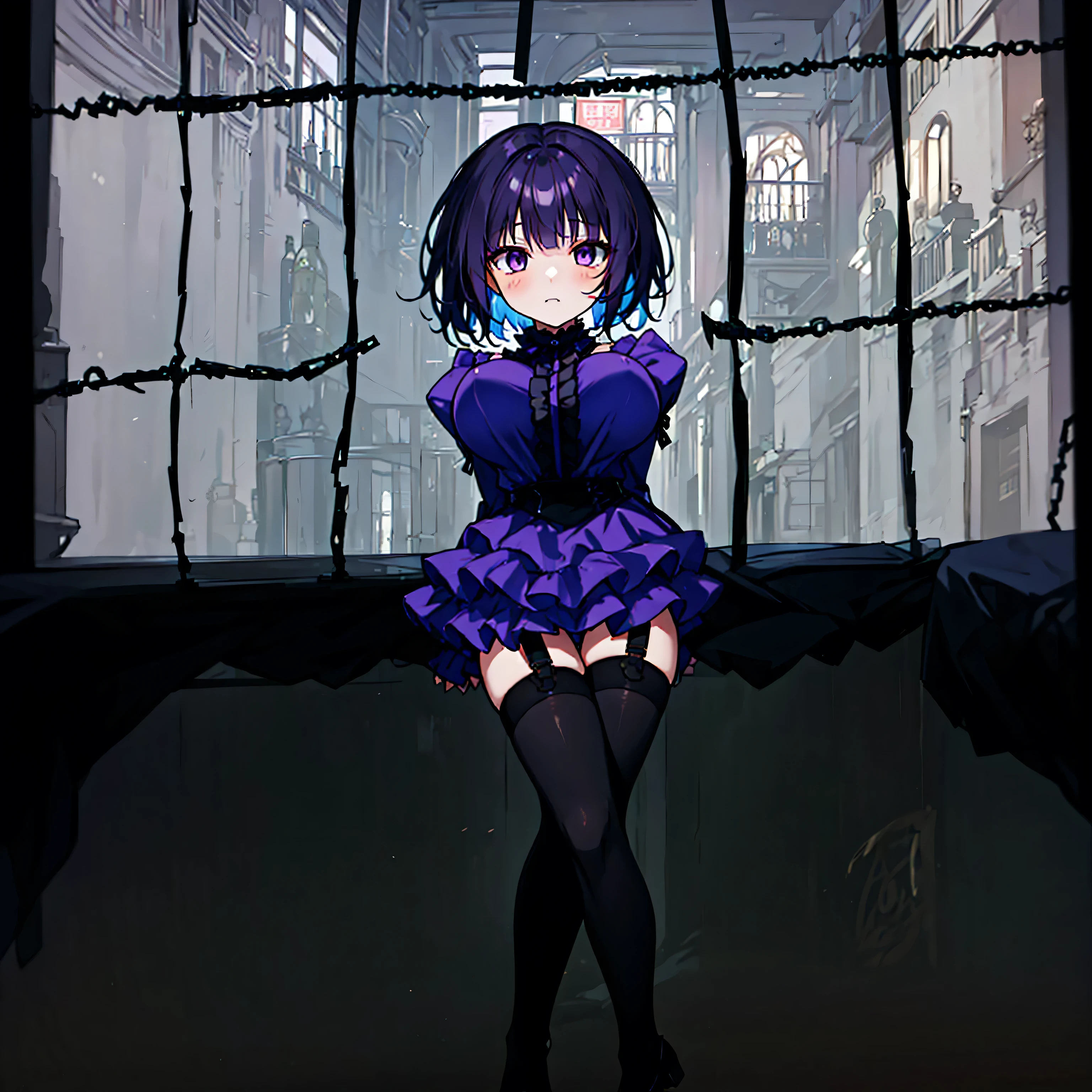 (solo), (1 skinny short girl:1.2), in the dark hall of mansion, (midnight), purple eyes over hair, Gothic ta, arms behind back, BREAK, (black short hair), (bursting lhuge breasts:1.1), (bouncing huge breasts:1.1), pale white skins, (skinny narrow waist), skinny legs, BREAK, (frilled layered black short dress), (frilled black cape), close chest, frilled long sleeve, show off thigh gap, (frilled black thighhighs:1.1), stiletto heels, BREAK, sad face, orgasm, coverd erectile nipples