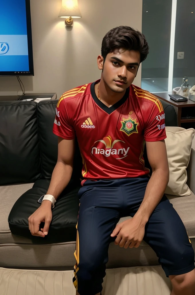 Create high quality realistic pictures for 20 years old boy wearing a RCB IPL jersey with the name munna and the number 18 printed on it. The person is sitting on a dark surface, possibly a couch or bed, and watching IPL cricket on a large-screen television. Realistic pictures, 8k pictures