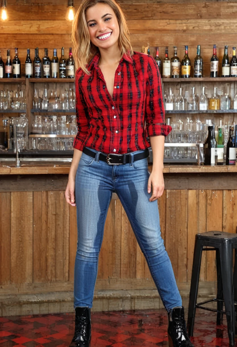 (same character same clothing same shoes), attractive woman with light brown hair wearing skinny jeans, black belt, brown combat boots, red plaid blouse, standing in a crowded bar, wetting, big smile, pee stains are gleaming wet,