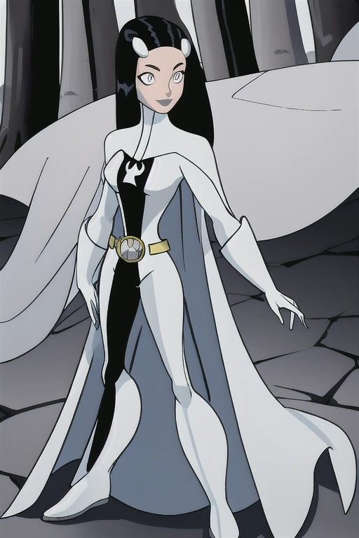 Phantom girl, Tinya Wazzo, solo, girl1, long black hair, bodysuit. grey eyes, smile, grey lips, belt, long white cape, white gloves, best quality, masterpiece, standing, forest, night, from behind