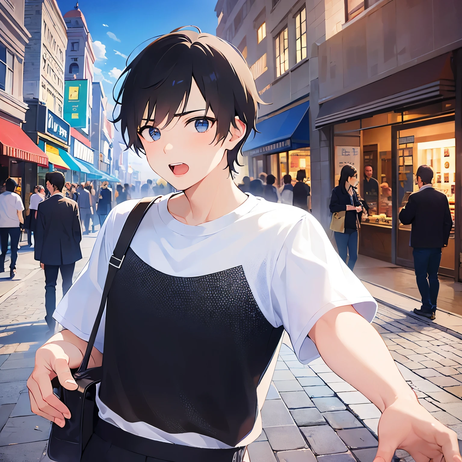 (outstretched arm:1.5), upper body、shiny skin, masterpiece、Highest quality、(25-year-old male:1.5) and (Black short hair) and (blue eyes), White T-shirt、Are standing、open mouth, (surprised:1.5)、The background is a shopping street、alone