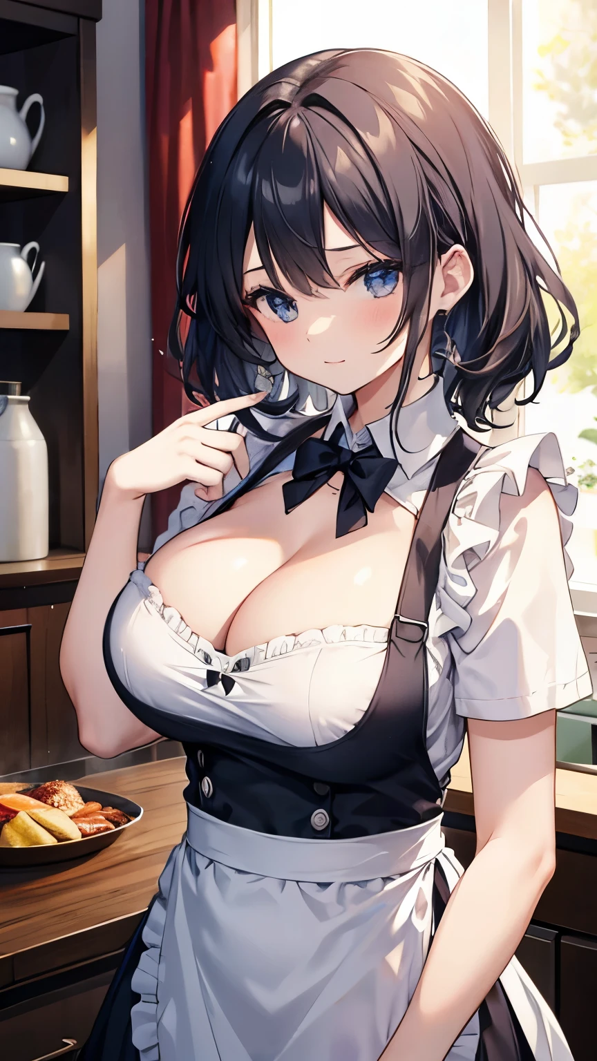 A girl，Big breasts，Only wear an apron，Charming cleavage，Drag your chest with your hands，Show your back，Show your back，Wearing an apron，black hair，waiter