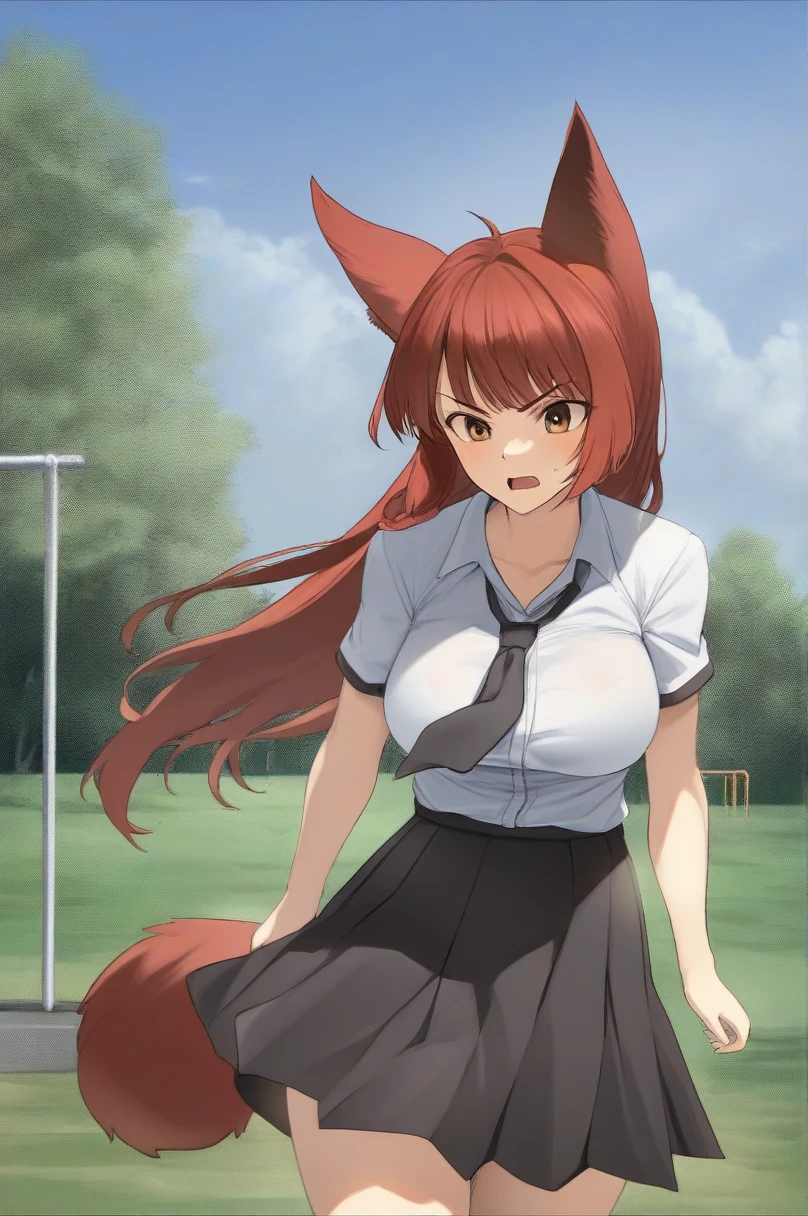 (1girl ,20s,mature female),angry face,white shirt,short sleeves,(black standard tie),black school skirt,(red hair),long hair,fox ears,standing alone, plein-air, manga curta, blue sky, university field,walking