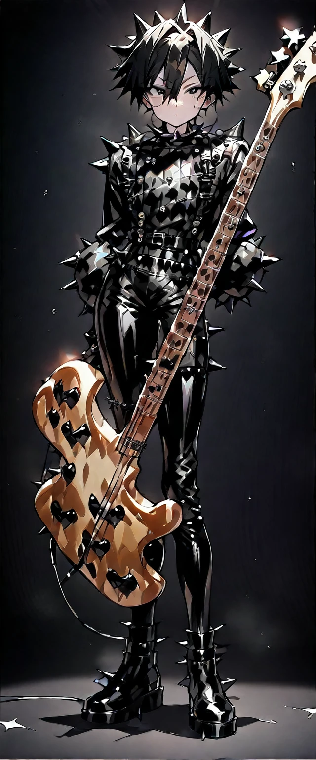 (((masterpiece,Highest quality))),(((A male anime character with messy black hair and black eyes dressed in a spiky patent leather visual kei outfit))),(((Standing with a bass guitar))),(((Black Background))),Focus on the whole body,(high quality),アニメ