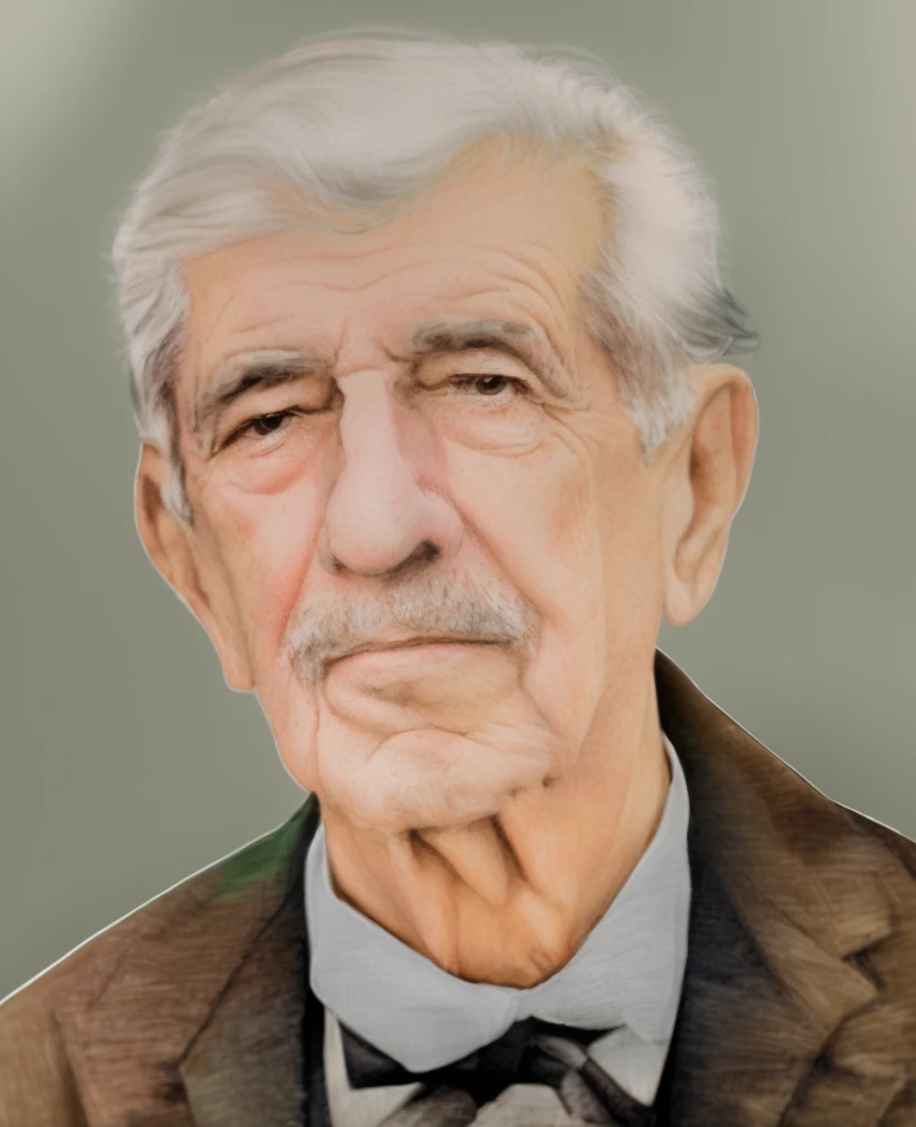 there is a digital painting of a man with a bow tie, inspired by László Beszédes, "Portrait of Leonard Cohen, Senior 3D Rendering Artist, a colorized photo, inspired by Karl Gerstner, portrait photo of an old man, drawn with photoshop, inspired by Morris Kestelman, inspired by Gianfredo Camesi