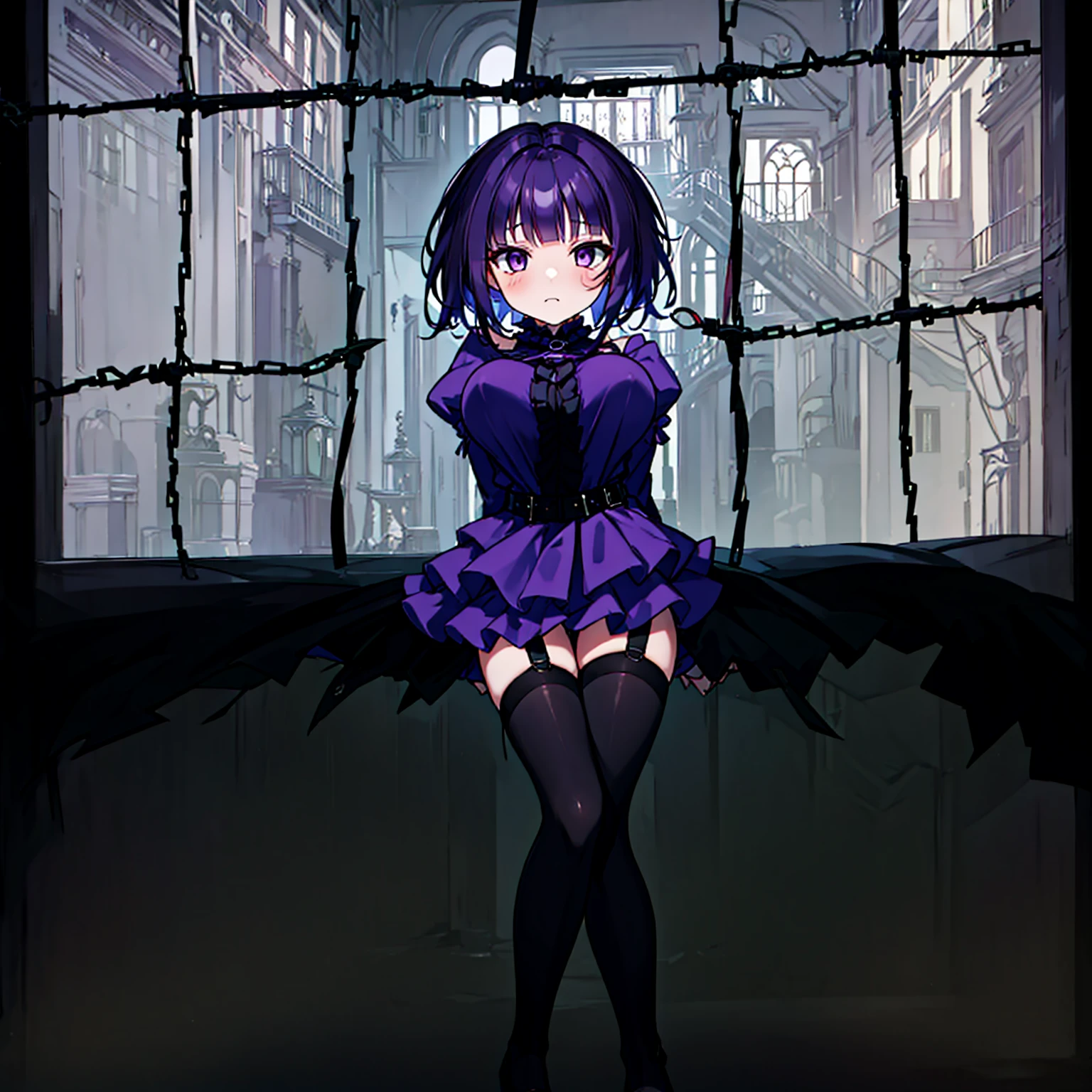 (solo), (1 skinny short girl:1.2), in the dark hall of mansion, (midnight), purple eyes over hair, Gothic ta, arms behind back, BREAK, (black short hair), (bursting lhuge breasts:1.1), (bouncing huge breasts:1.1), pale white skins, (skinny narrow waist), skinny legs, BREAK, (frilled layered black short dress), (frilled black cape), close chest, frilled long sleeve, show off thigh gap, (frilled black thighhighs:1.1), stiletto heels, BREAK, sad face, orgasm, coverd erectile nipples