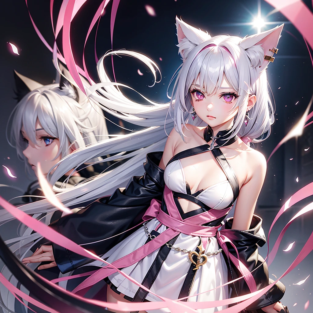 Silver hair, pink eyes, body, cat ears, mitsuri, earrings, fantasy background