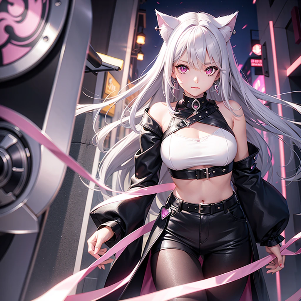 Silver hair, pink eyes, body, cat ears, mitsuri, earrings, fantasy background