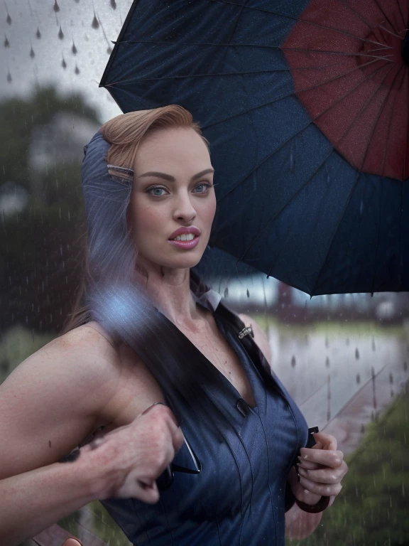 ((Deborah Ann Woll holding an umbrella:1.5))、(raining:1.4)、in the city、Close and distant views、(Highest quality、4K、8K、High resolution、masterpiece:1.2)、Super detailed、(Real、Photorealistic、Photorealistic:1.37)、Detailed、Beautiful sky、gloomy、Calm atmosphere、cloudy、Detailed midriff、sexy、Quiet landscape、erotic、 