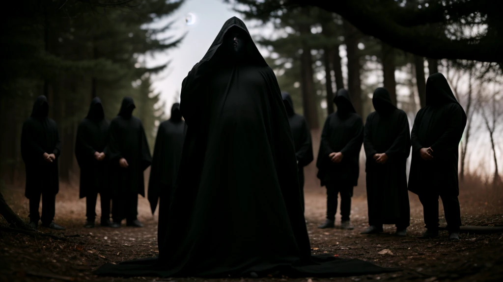 group of people in different positions doing a ((full body)) ritual facing upwards facing the camera, he has a black hood as if he belongs to a sect, he is performing a ritual, I don't know any features of his face, only the shadows of the black hood, the background is different every time, whether it is a place with poor lighting and abandoned or wooded places, ((it is already night)) you can see the moon, there is a bonfire and they have things that the people who own them occupy to the sects, full HD, 12k