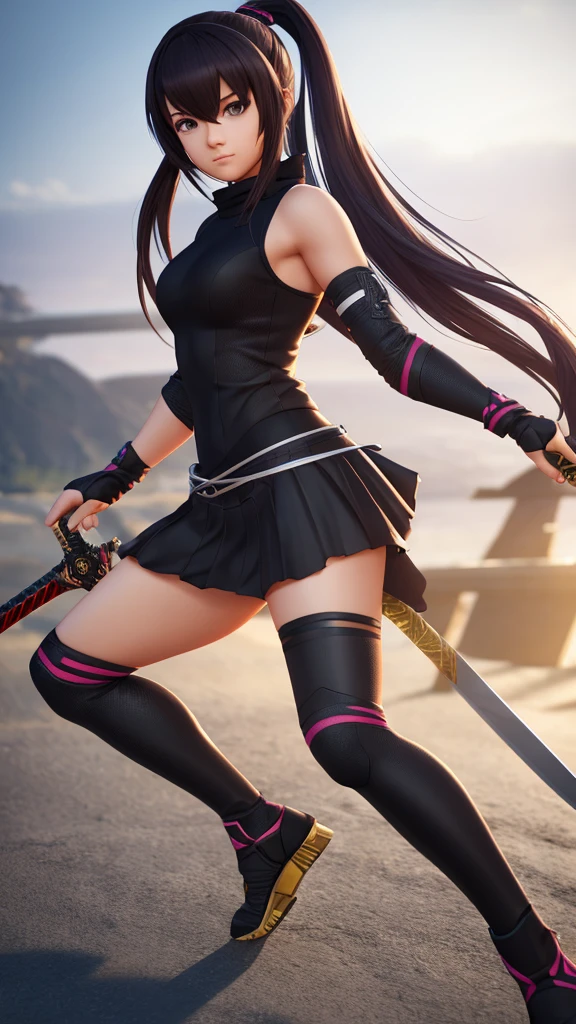 1 age realistic 3D girl wears tight ninja outfit with skirt, half body length view, action pose, sword on hands, highly detailed, 4K quality, 8K resolution