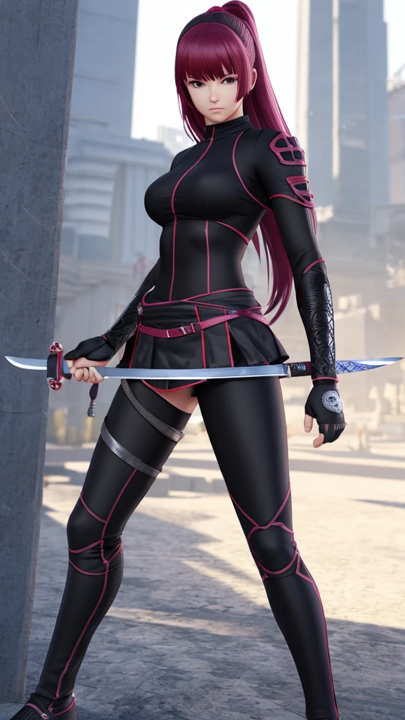 1 age realistic 3D girl wears tight ninja outfit with skirt, half body length view, action pose, sword on hands, highly detailed, 4K quality, 8K resolution