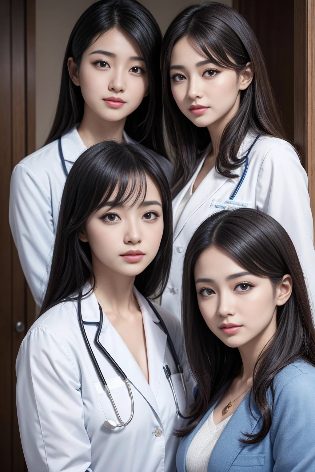 Realistic beautiful doctor、Stunningly beautiful、Doctor's white coat, Collared shirt、(Top quality、8K、32k、masterpiece、North African Trade Zone:1.3)、Ultra-high resolution,(Reality:1.4),Original Photography, Detailed face,,Beautiful hair, ((Doctor style)),,((Leg length)), (Thigh gap:1.5), , Black tight skirt、 Natural Makeup,, Big plump breasts、In the hospital, Detailed background, Perfect lighting, Depth of Field, Beautiful shadow gradient,Stethoscope ,