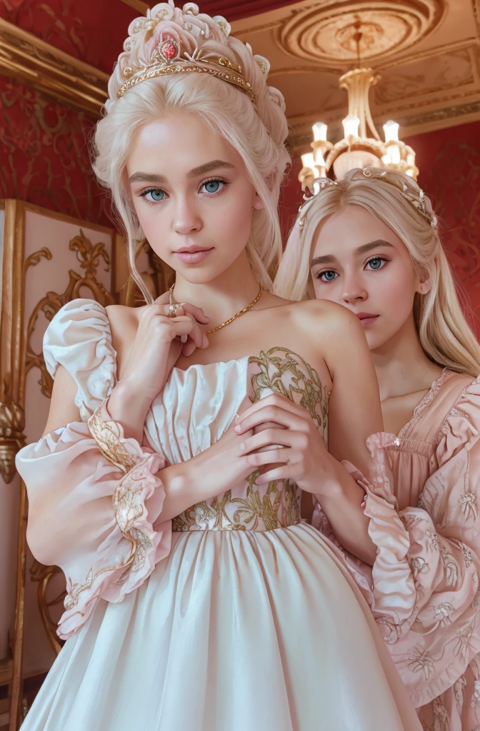 White Blonde hair, fluffy hair, stylish hair, long hair, lilac eyes, perfect eyes, beautiful, perfect face, tween, dainty , short, kind, curvy, a flowing pale airy gown with ruffles along the bottom with tiny pink flowers and gold dragon embroideries with flowers, Her tiara had a pretty teal gemstones, silver necklace, noble class, royal, royalty, red castle, feasting hall, medieval, elegant surroundings, soft dewy makeup look, light peach blush, soft tan eyeshadow, light coral lipstick, cutesy, girlish, girly, guileless, ingénue, princess , whimsical lighting, Targaryen, dragons in the sky, photorealistic