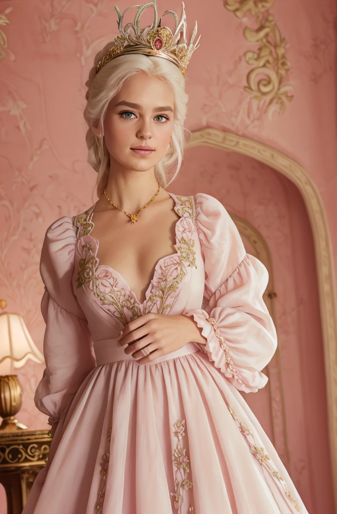 White Blonde hair, fluffy hair, stylish hair, long hair, lilac eyes, perfect eyes, beautiful, perfect face, tween, dainty , short, kind, curvy, a flowing pale airy gown with ruffles along the bottom with tiny pink flowers and gold dragon embroideries with flowers, Her tiara had a pretty teal gemstones, silver necklace, noble class, royal, royalty, red castle, feasting hall, medieval, elegant surroundings, soft dewy makeup look, light peach blush, soft tan eyeshadow, light coral lipstick, cutesy, girlish, girly, guileless, ingénue, princess , whimsical lighting, Targaryen, dragons in the sky, photorealistic
