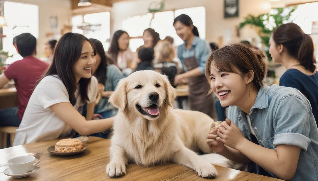 Interior of a bustling dog cafe, bright and warm lighting. Center focus: a happy Golden Retriever wagging its tail enthusiastically. The dog is surrounded by diverse cafe patrons (mix of ages and genders) sitting at tables or standing nearby. All customers are smiling and looking at the Golden Retriever with joy and affection. Some are reaching out to pet the dog. Cafe decor includes dog-themed artwork and comfortable seating. Perspective: eye-level view to capture both the dog and the customers' expressions. Style: Realistic with soft, warm colors to emphasize the cozy atmosphere.