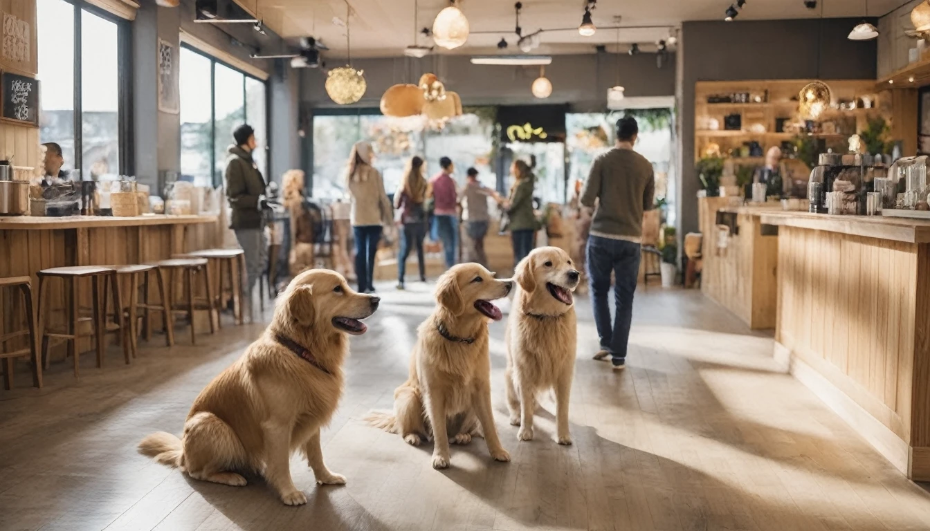 Interior of a bustling dog cafe, bright and warm lighting. Center focus: a happy Golden Retriever wagging its tail enthusiastically. The dog is surrounded by diverse cafe patrons (mix of ages and genders) sitting at tables or standing nearby. All customers are smiling and looking at the Golden Retriever with joy and affection. Some are reaching out to pet the dog. Cafe decor includes dog-themed artwork and comfortable seating. Perspective: eye-level view to capture both the dog and the customers' expressions. Style: Realistic with soft, warm colors to emphasize the cozy atmosphere.