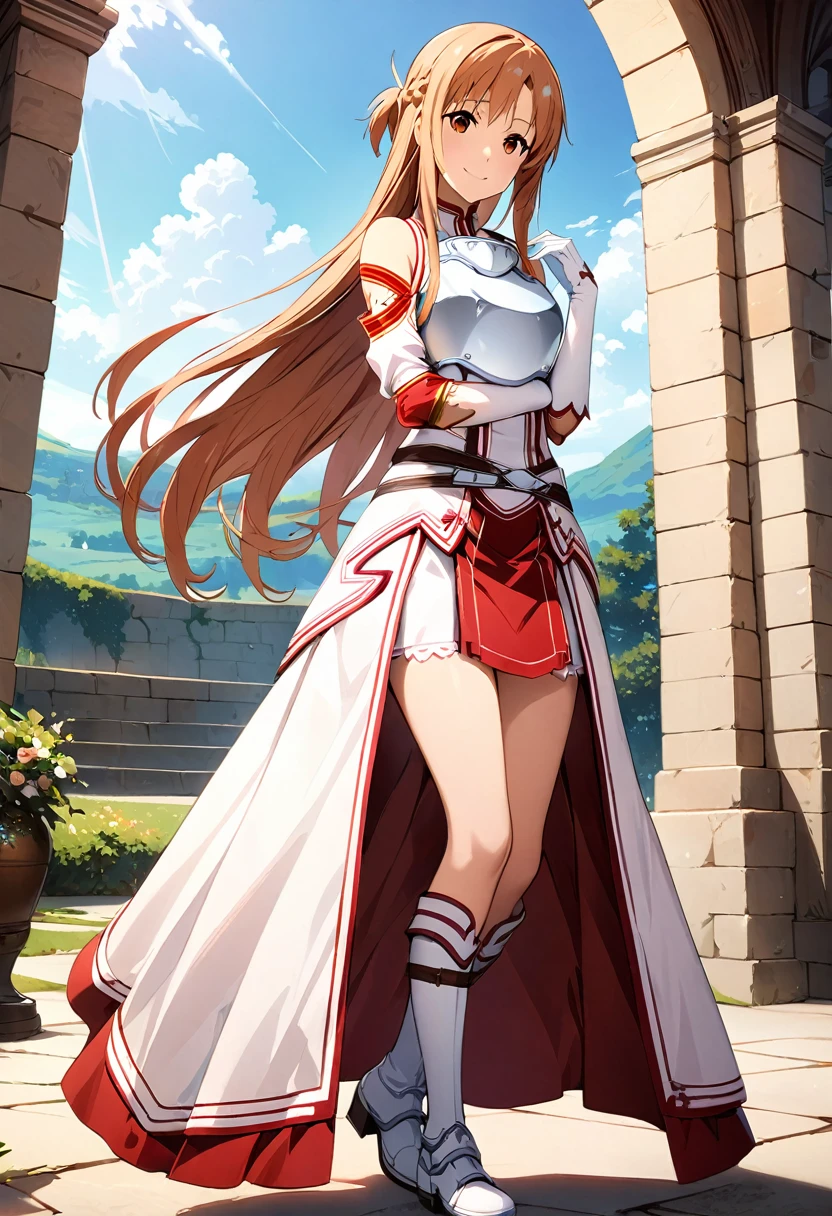((masterpiece)), Highest quality, Very detailed,(One Girl),Yuuki asuna、asuna(stay), brown eyes, bare shoulders, breastplate, armor, detached sleeves, gloves, white gloves, (red and white dress), Long Hair, smile, Beautiful background ,Clothing, Full Body