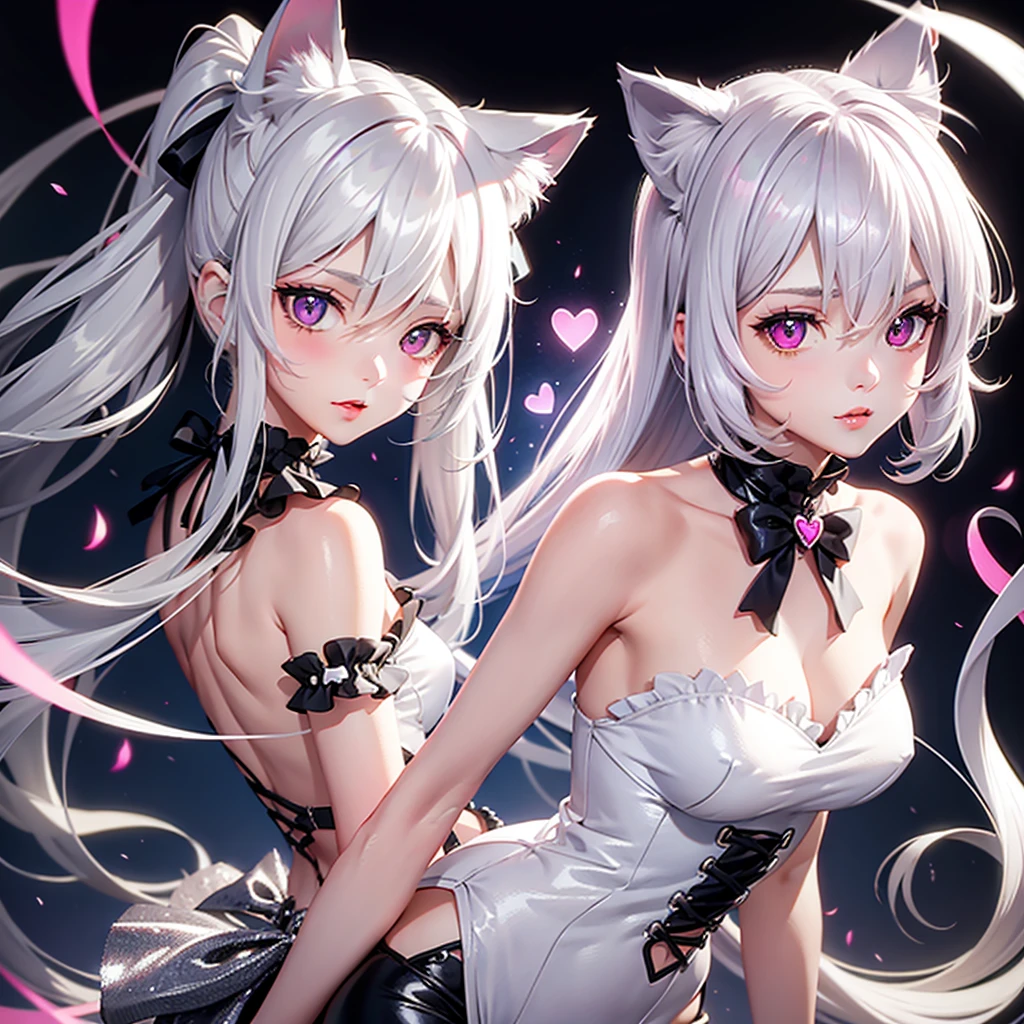 Silver hair, pink eyes, body, cat ears, cute girl, hair bow, heart fantasy background