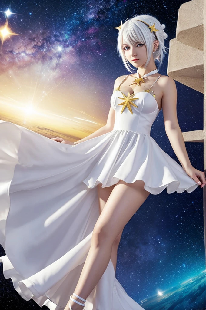 Stellar 2D anime girl in white star-themed dress full of stars, yellow eyes and white hair