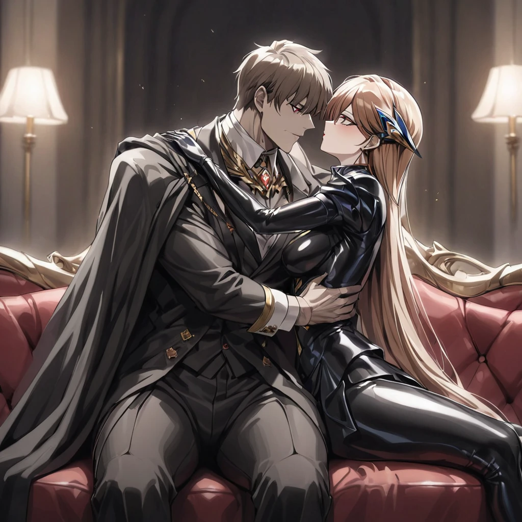 ((Highest quality)), ((masterpiece)), (detailed), （Perfect Face）、The woman is Princess Leona, with medium-long light brown hair, wearing a shiny, flashy, sexy, revealing black dress bodysuit, an open-front skirt, a cape, a headgear, lipstick and makeup, and is an evil female executive who is standing next to a man who is the dignified boss of an evil organization.、Women are brainwashed, expressionless, and have no highlights in their eyes.、The woman is being held close by the powerful boss of an evil organization.、A powerful male boss of an evil organization is sitting on a luxurious sofa, embracing a woman, kissing her and making love to her.