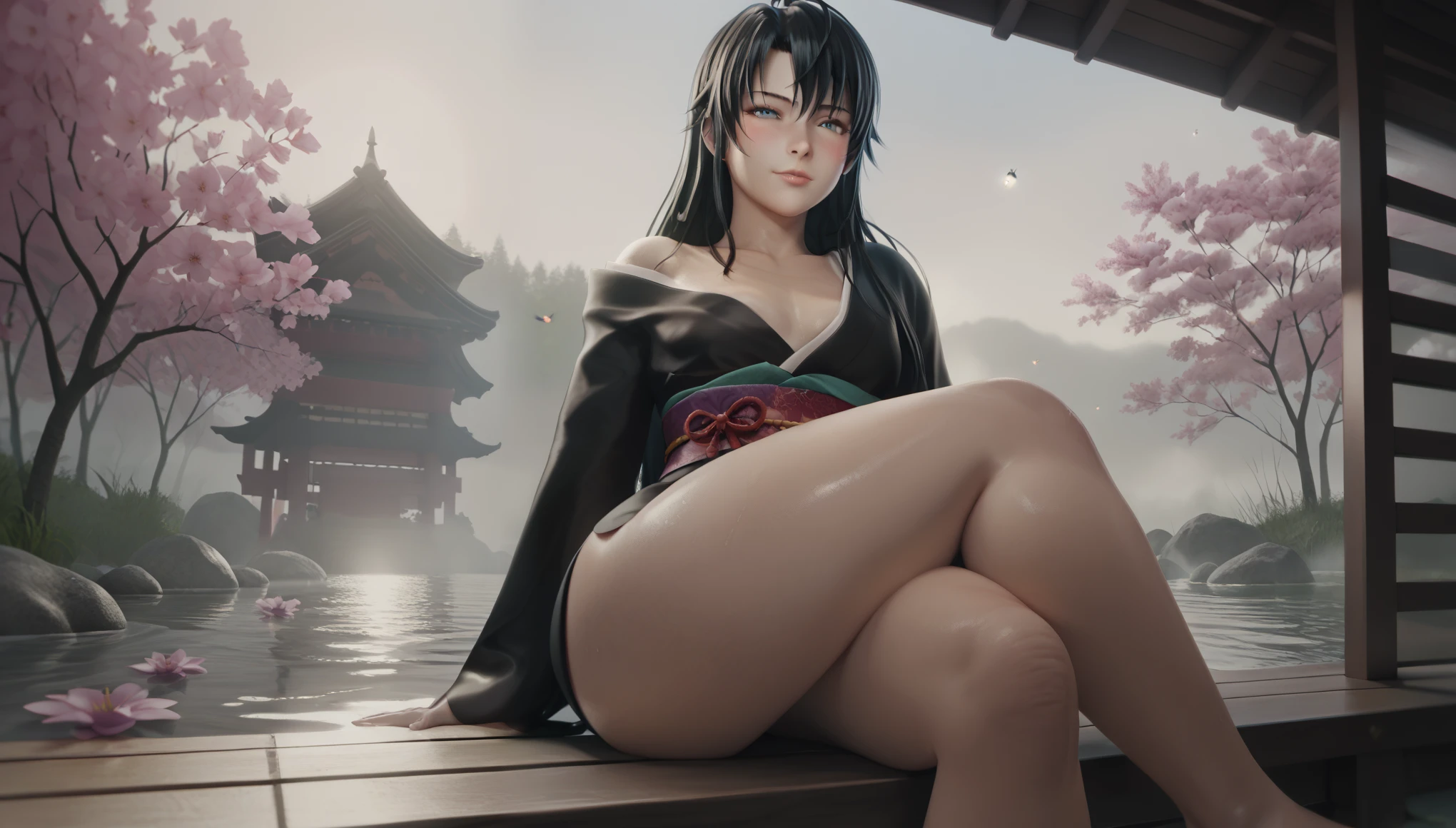 score_9, score_8_up, score_7_up, score_6_up, uncensored, yukinoshita yukino, absurdly long hair, grey eyes, black hair, very long hair, horny face, blush face, lips, naughty face, shiny skin, sweating, steaming body, curvy, voluptuous, heavy breathing, (small breasts:1.3), detailed body, detailed eyes, sitting, thighs, outdoors, japanese clothes, sky, barefoot, day, wide sleeves, kimono, water, flower, spotlight, tree, legs, sash, bare legs, obi, crossed legs, nature, black kimono, short kimono, reflective, (fog:1.3), fireflies,