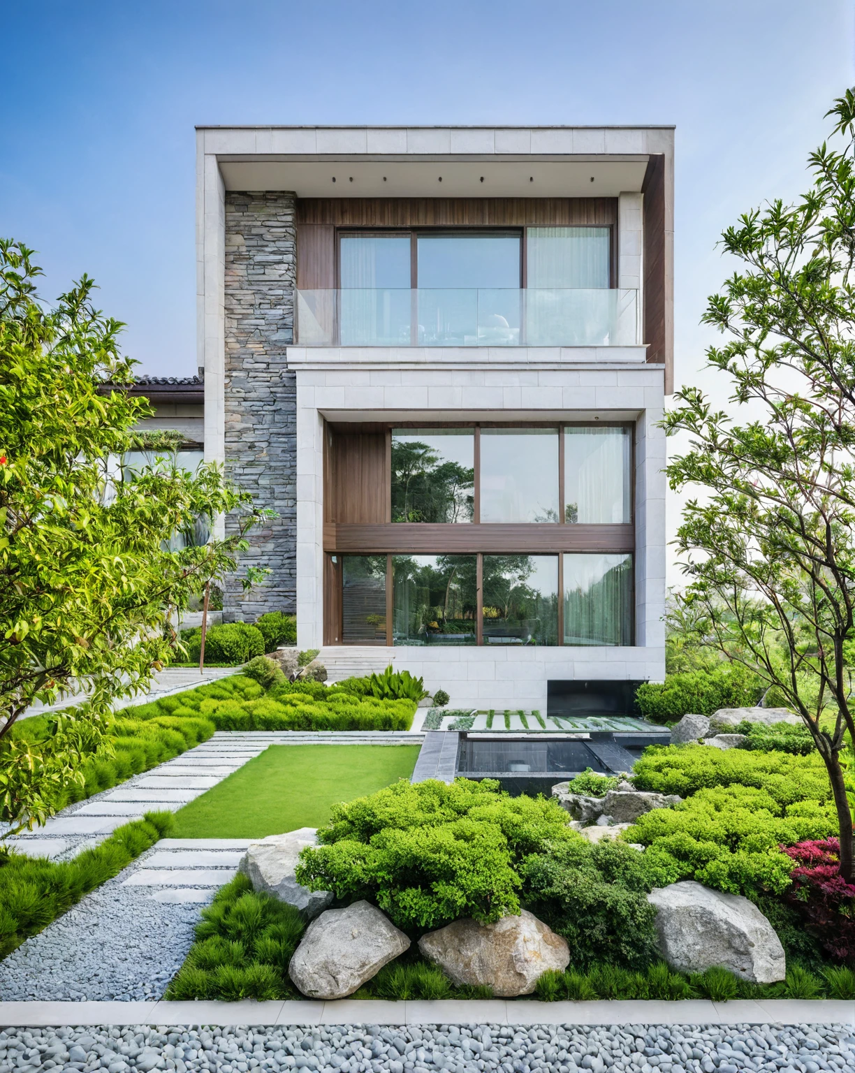 qlcd,tingyuan, photo of modern villa, grassland, garden, shrubs and trees, rock decoration, clear sky, sun light, realistic photo
