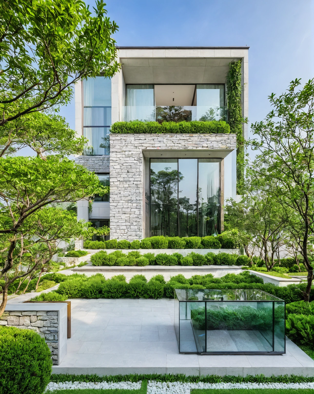 qlcd,tingyuan, photo of modern villa, grassland, garden, shrubs and trees, rock decoration, clear sky, sun light, realistic photo