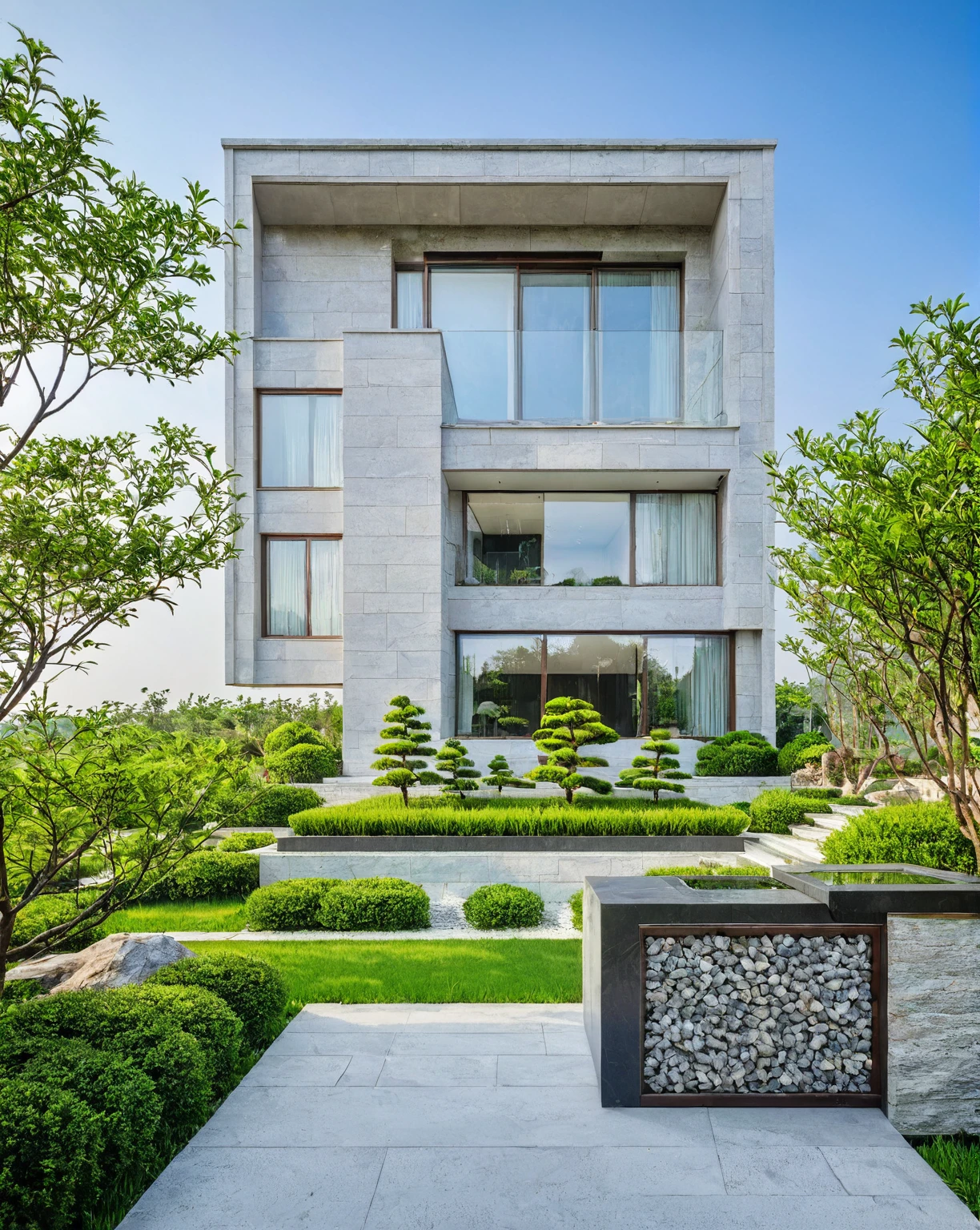 qlcd,tingyuan, photo of modern villa, grassland, garden, shrubs and trees, rock decoration, clear sky, sun light, realistic photo