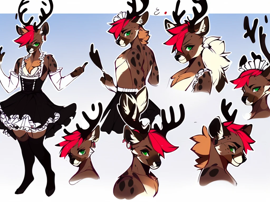 ((sfw)) Solo, A cute anthro, (((half hyena half deer))), male, (cute snout:1.2) full body, ((by hyattlen, by fumiko, ((by zackary, by fumiko)), solo, anthro, male deer, deer antlers, Bright brown fur body, ((brown ears)), red hair, mullet, detailed eyes,  (heterochromatic eyes), diferent color eyes, one red eye and one green eye, bright white neck, dark hyena spots, white fawn spots, white chest, perfect drawn tail, hyena arms, hyena paws, ((deer tail)), small fluffy tail, cute deer tail, (three dark spots on each cheek), soft and warm chest, verry fluffy body, smirk, toned body, great anatomy, femboy jock, big ass, thick thighs, well drawn hands, earrings, eyebrow piercing, good anatomy, detail, sexy pose, (full body), wearing a slutty maid outfit, sexy maid, cute and sexy, man in dress,