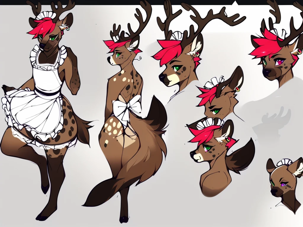 ((sfw)) Solo, A cute anthro, (((half hyena half deer))), male, (cute snout:1.2) full body, ((by hyattlen, by fumiko, ((by zackary, by fumiko)), solo, anthro, male deer, deer antlers, Bright brown fur body, ((brown ears)), red hair, mullet, detailed eyes,  (heterochromatic eyes), diferent color eyes, one red eye and one green eye, bright white neck, dark hyena spots, white fawn spots, white chest, perfect drawn tail, hyena arms, hyena paws, ((deer tail)), small fluffy tail, cute deer tail, (three dark spots on each cheek), soft and warm chest, verry fluffy body, smirk, toned body, great anatomy, femboy jock, big ass, thick thighs, well drawn hands, earrings, eyebrow piercing, good anatomy, detail, sexy pose, (full body), wearing a slutty maid outfit, sexy maid, cute and sexy, man in dress,