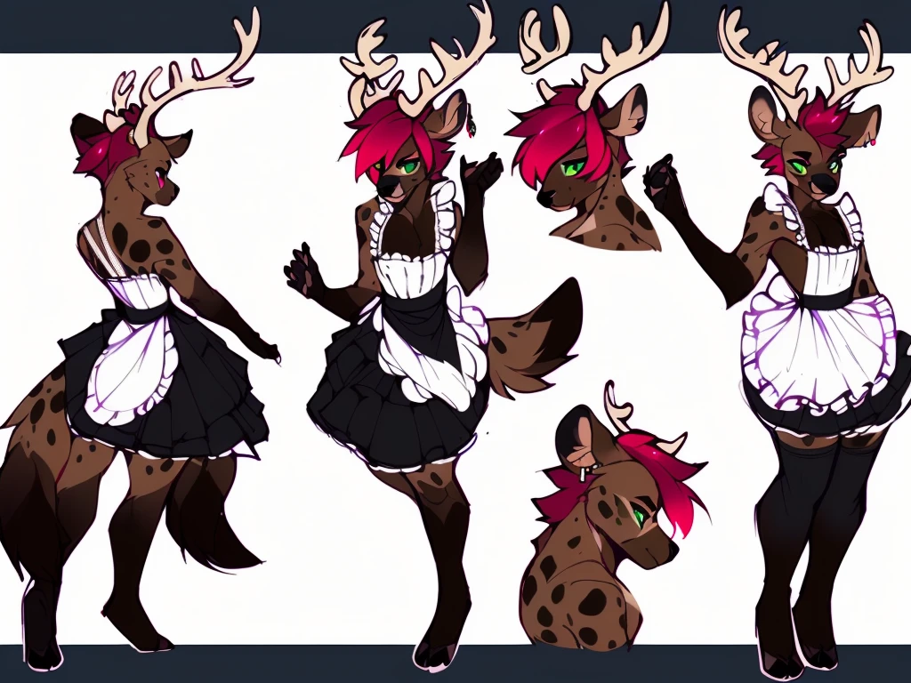 ((sfw)) Solo, A cute anthro, (((half hyena half deer))), male, (cute snout:1.2) full body, ((by hyattlen, by fumiko, ((by zackary, by fumiko)), solo, anthro, male deer, deer antlers, Bright brown fur body, ((brown ears)), red hair, mullet, detailed eyes,  (heterochromatic eyes), diferent color eyes, one red eye and one green eye, bright white neck, dark hyena spots, white fawn spots, white chest, perfect drawn tail, hyena arms, hyena paws, ((deer tail)), small fluffy tail, cute deer tail, (three dark spots on each cheek), soft and warm chest, verry fluffy body, smirk, toned body, great anatomy, femboy jock, big ass, thick thighs, well drawn hands, earrings, eyebrow piercing, good anatomy, detail, sexy pose, (full body), wearing a slutty maid outfit, sexy maid, cute and sexy, man in dress,