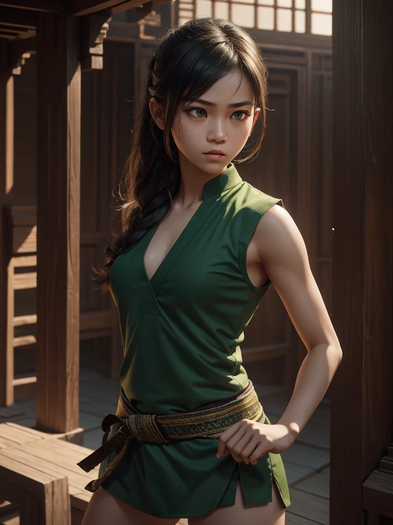 a teenage girl, master of traditional silat. beautiful detailed eyes, detailed hair, beautiful detailed lips, extremely detailed eyes and face, long eyelashes, 1girl, highschool student, 15 years old, wearing green sleeveless silat uniform no pants, flat chest, at the green temple, dynamic pose, slim physical body, shory body, detailed facial features, intense expression, dramatic lighting, cinematic composition, hyper realistic, 8k, ultra-detailed, masterpiece, photorealistic