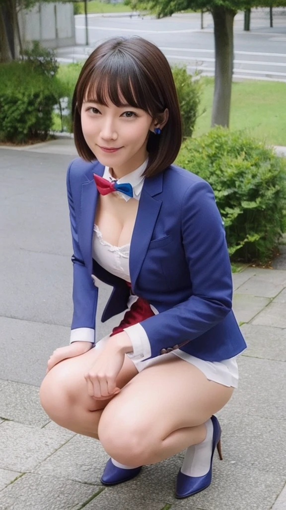 NSFW,1 female,Beauty,Beautiful face,smile,Crouching and watching the viewer,Office Lady,In a suit,A dignified appearance,Perfect Style,Take off your jacket,Cleavage,focus on the chest,(squatting down),(open 2 legs）,(show off panty),View from above,Front view,Ultra-realistic,Ultra high definition,Highest quality,8K,Masterpiece