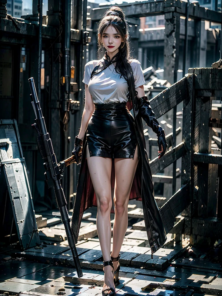 (Top quality,Ultra HD,lifelike: 1.4)(Cowboy Shooter 1),Beautiful armed girl, (K-Pop Idol) ,Detailed face,opposition,Perfect anatomy,Smooth skin,Professional lighting, (Wearing black and gold short qipao,Black high heels,Wear a high ponytail,Black gloves,Black cloth tied around legs),Victory in battle,Smile of victory(background,Destroyed buildings,Fire, Huge explosion ) ,Full body close-up,Turn your back to the audience (Holding weapon, Holding rifle, Purposeing, Purpose:1.2), gun, H&k hk416, 马gun, Fire,