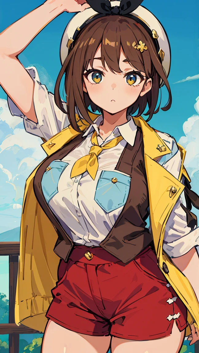 (Highest quality, 8K, masterpiece :1.3),Lizaリン・シュタウト(Lizaのアトリエ),Liza,Plump, One woman,Large Breasts,short hair,Brown Hair,hair band,Clothing,hat,White shirt,Yellow vest,Red shorts,