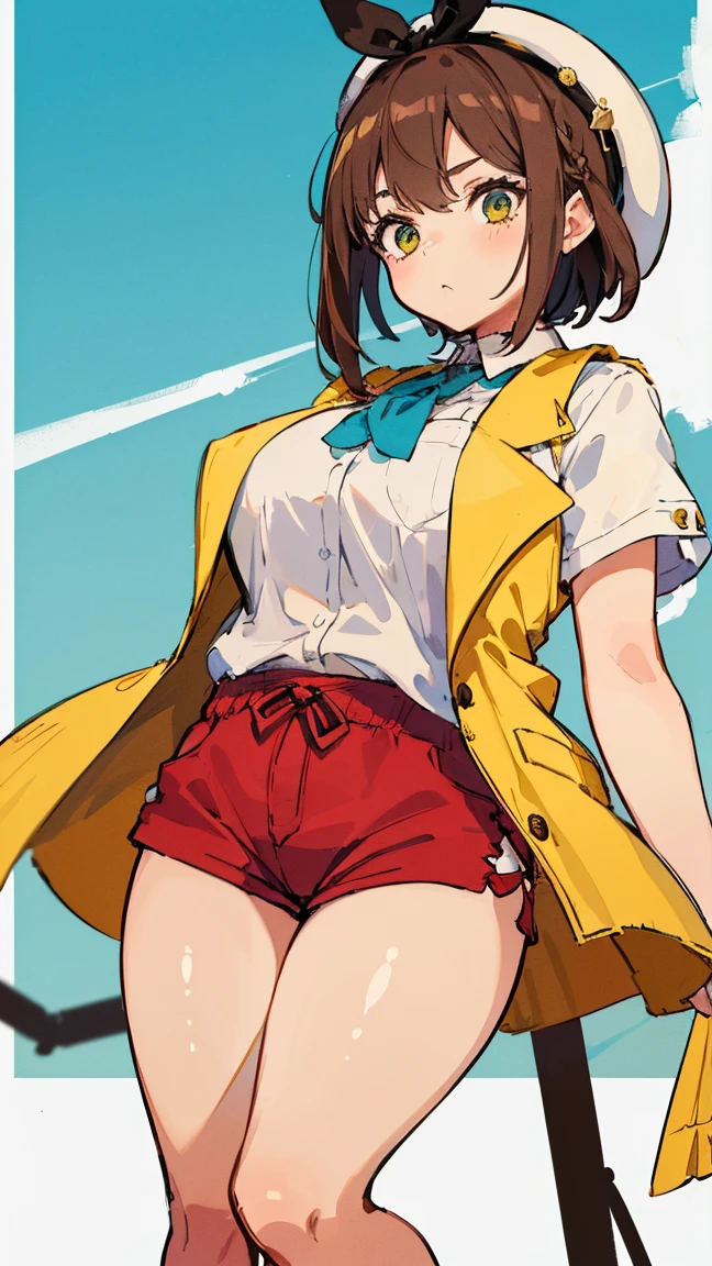 (Highest quality, 8K, masterpiece :1.3),Lizaリン・シュタウト(Lizaのアトリエ),Liza,Plump, One woman,Large Breasts,short hair,Brown Hair,hair band,Clothing,hat,White shirt,Yellow vest,Red shorts,