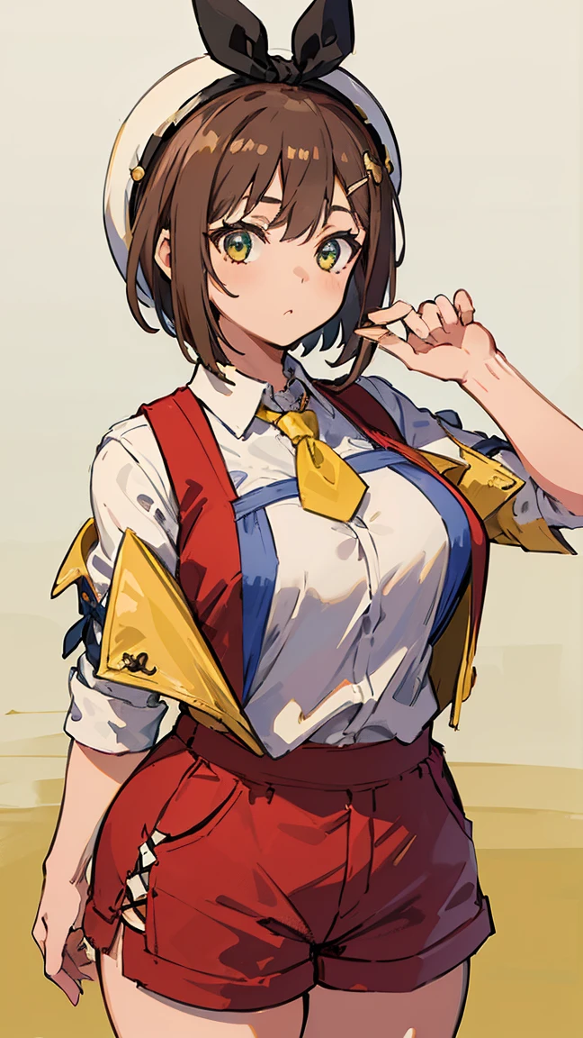 (Highest quality, 8K, masterpiece :1.3),Lizaリン・シュタウト(Lizaのアトリエ),Liza,Plump, One woman,Large Breasts,short hair,Brown Hair,hair band,Clothing,hat,White shirt,Yellow vest,Red shorts,