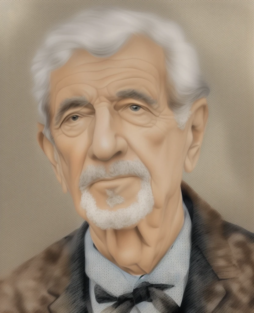 there is a digital painting of a man with a bow tie, inspired by László Beszédes, "Portrait of Leonard Cohen, Senior 3D Rendering Artist, a colorized photo, inspired by Karl Gerstner, portrait photo of an old man, drawn with photoshop, inspired by Morris Kestelman, inspired by Gianfredo Camesi