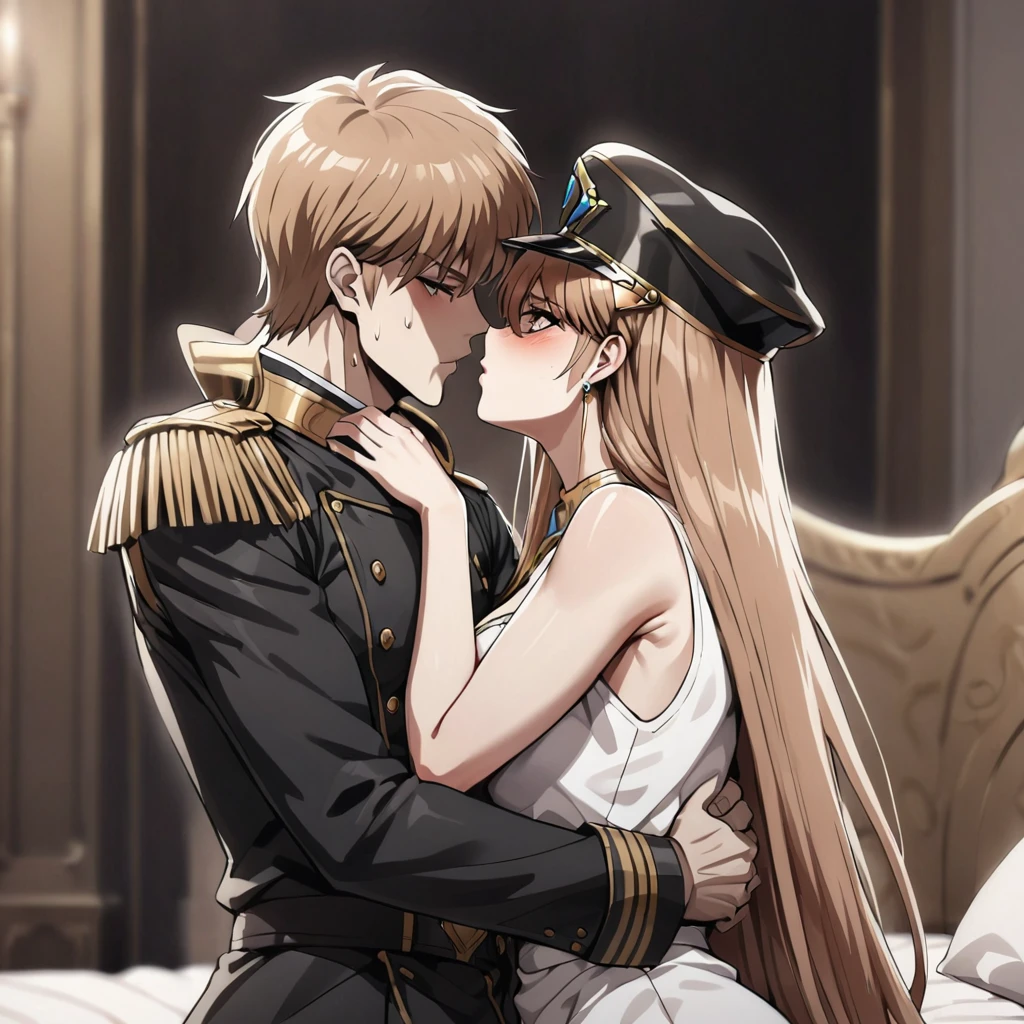 ((Highest quality)), ((masterpiece)), (detailed), (Perfect Face)、The woman is Princess Leona, with medium-long light brown hair, and is wearing a sexy black military uniform and military cap for women. In a luxurious room, she is embraced by a strong, dignified, old, male general, who is a villain, and as his lover, they embrace and kiss, making love on the bed.、The woman has medium-long hair, is brainwashed, has no expression, and has no highlights in her eyes.