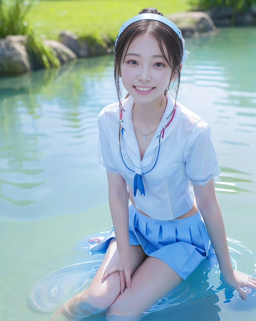 (NFSW)、(High resolution:1.5)、Highest quality,Very detailed,masterpiece,Super detailed,alone,(One 12 year old girl),((Summer School Uniforms:1.5)), Seraphim, ((skirt:1.5)), smile, Thigh fetish images: 1.5、(((barefoot)))、(Her thighs and white bikini reflected in the clear blue water)、(reflected in water:1.5)、((I can see the white string panties:1.5))、(Cleavage)、((Clear blue seawater))、Summer sun、はしゃいだsmile、Beautiful Eyes、(pull-out-panties)、(Panties on knees)、Big necklace and tiara、The water is marine blue、(((Glossy thighs)))