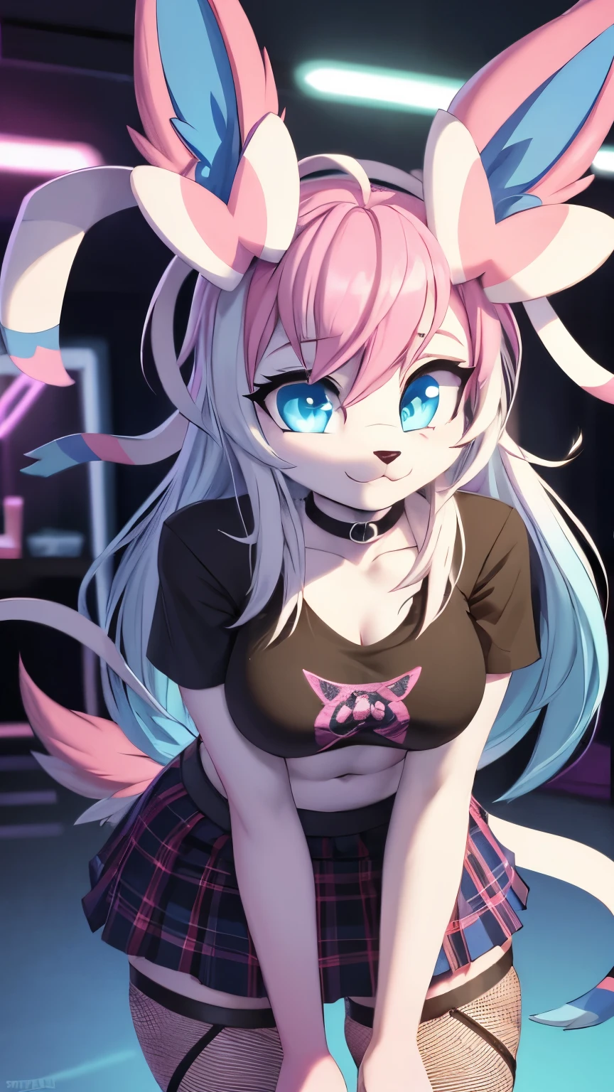 best quality,best resolution,(fluffy anthro furry :1.3),Sylveon,cyan eyes,glowing eyes,neon eyes,glistering eyes,medium breasts,(party club),eye close,looking at viewer,front view,Sylveon,teenager (18 years old),(neon lights,party rave),long hair,(punk),plaid skirt,fishnets,black t-shirt,choker,multicolored hair,(bent over)