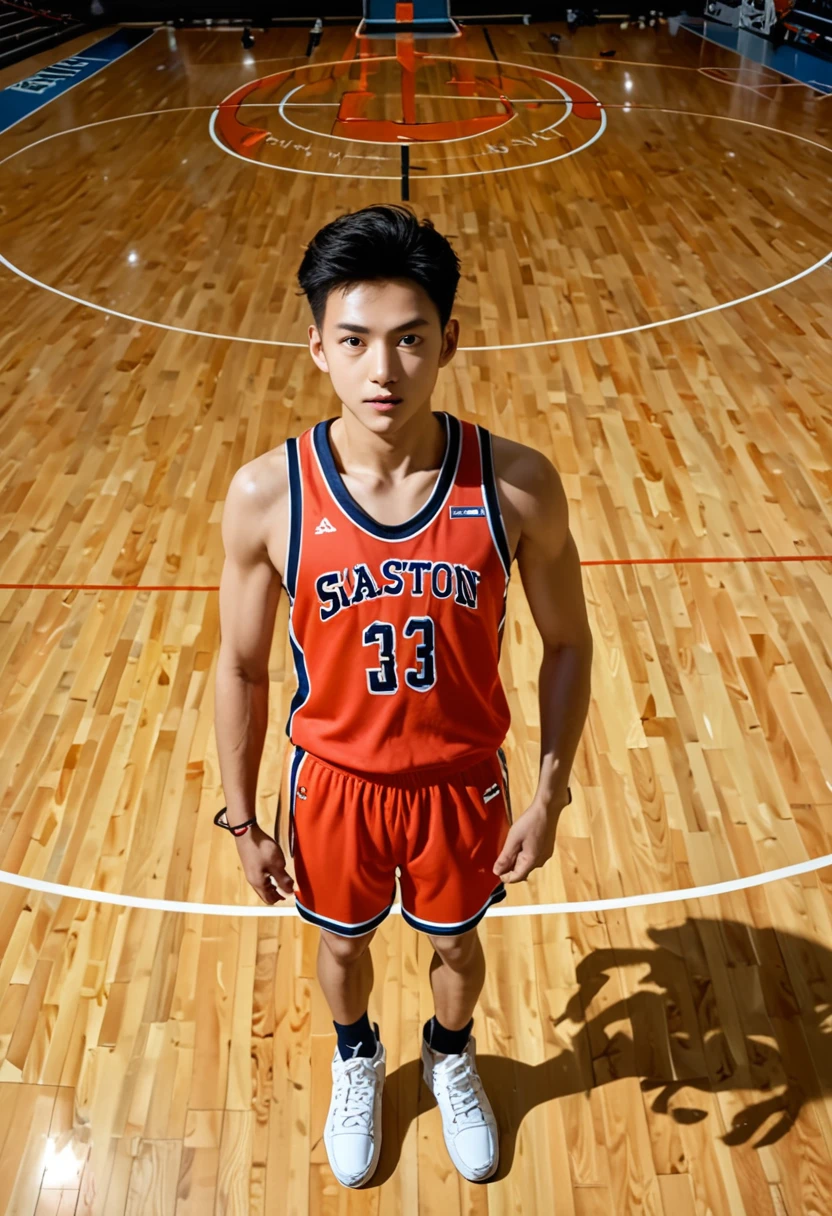 Fraction_9,Fraction_8_Direction_7_up,Every detail is exquisite,Chinese boy,Pop music, portrait,(shadow:1.4),night,Basketball Court,O-rings,