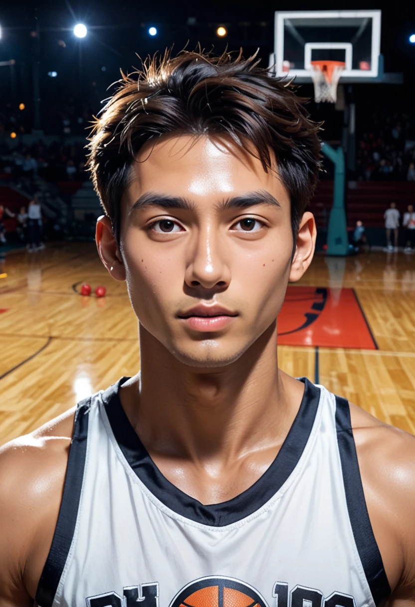 Fraction_9,Fraction_8_Direction_7_up,Every detail is exquisite,Chinese boy,Pop music, portrait,(shadow:1.4),night,Basketball Court,O-rings,